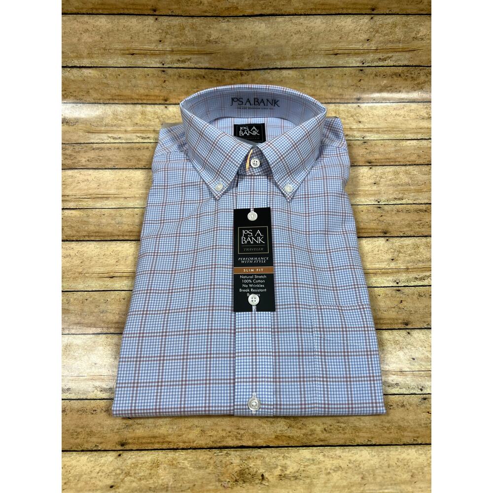 JoS. A. Bank Traveler Blue Plaid Slim Fit Dress Shirt Size 16-33 NEW